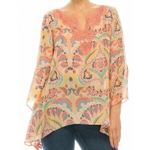 Zac & Rachel Tunic Top Yellow Pink Paisley Crochet Trim Boho Blouse‎ Size 1X/2X